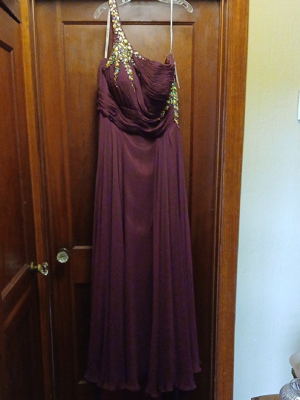 One-Shoulder Plum Evening Gown with Sequin Accents